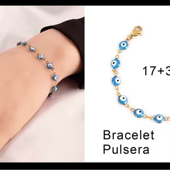 Chic Gold plated steel Bracelet with Blue Evil Eye Charms - Picture 7 of 7